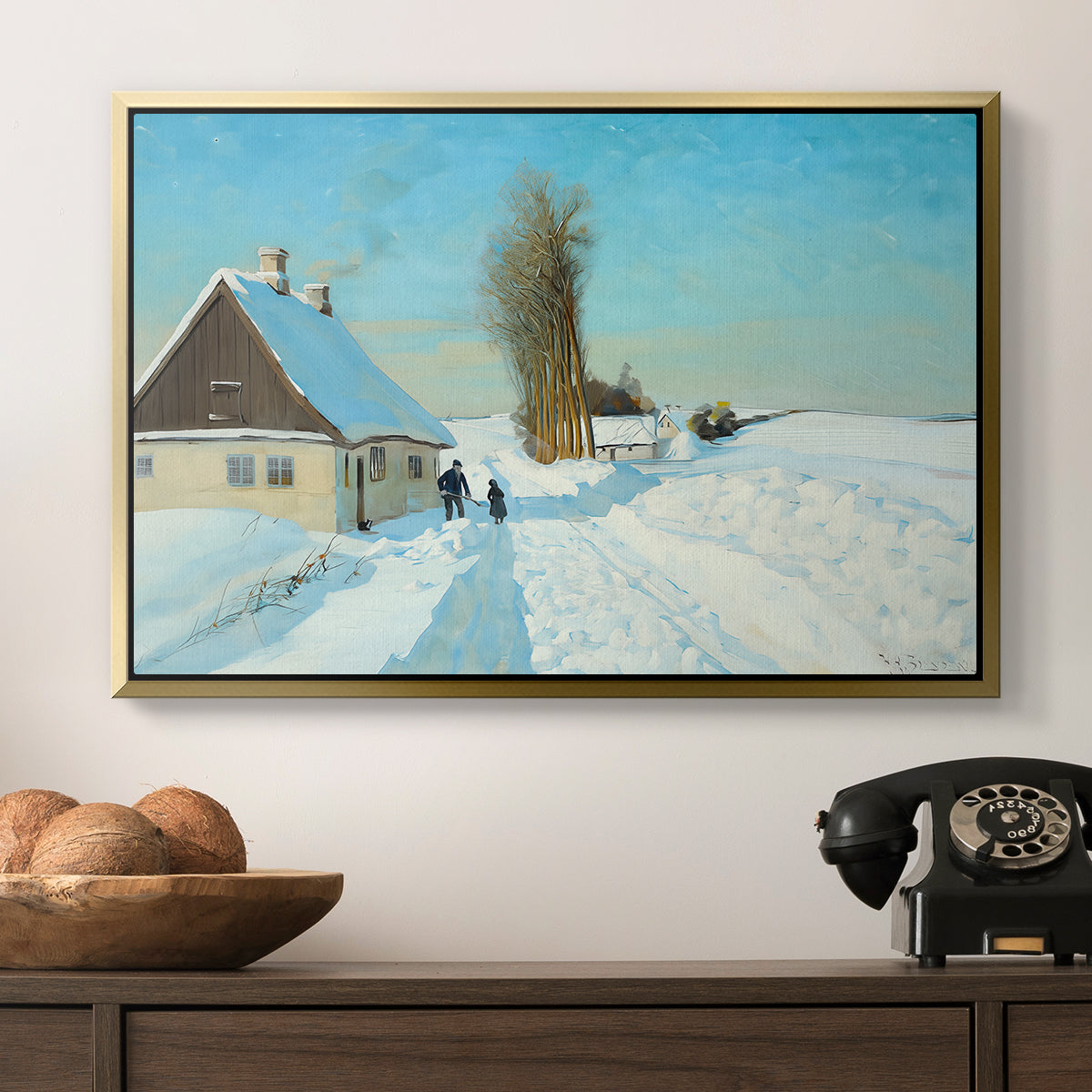 Shoveling Snow on a Beautiful Winter Day, c. 1898 - Floater Framed Canvas Print