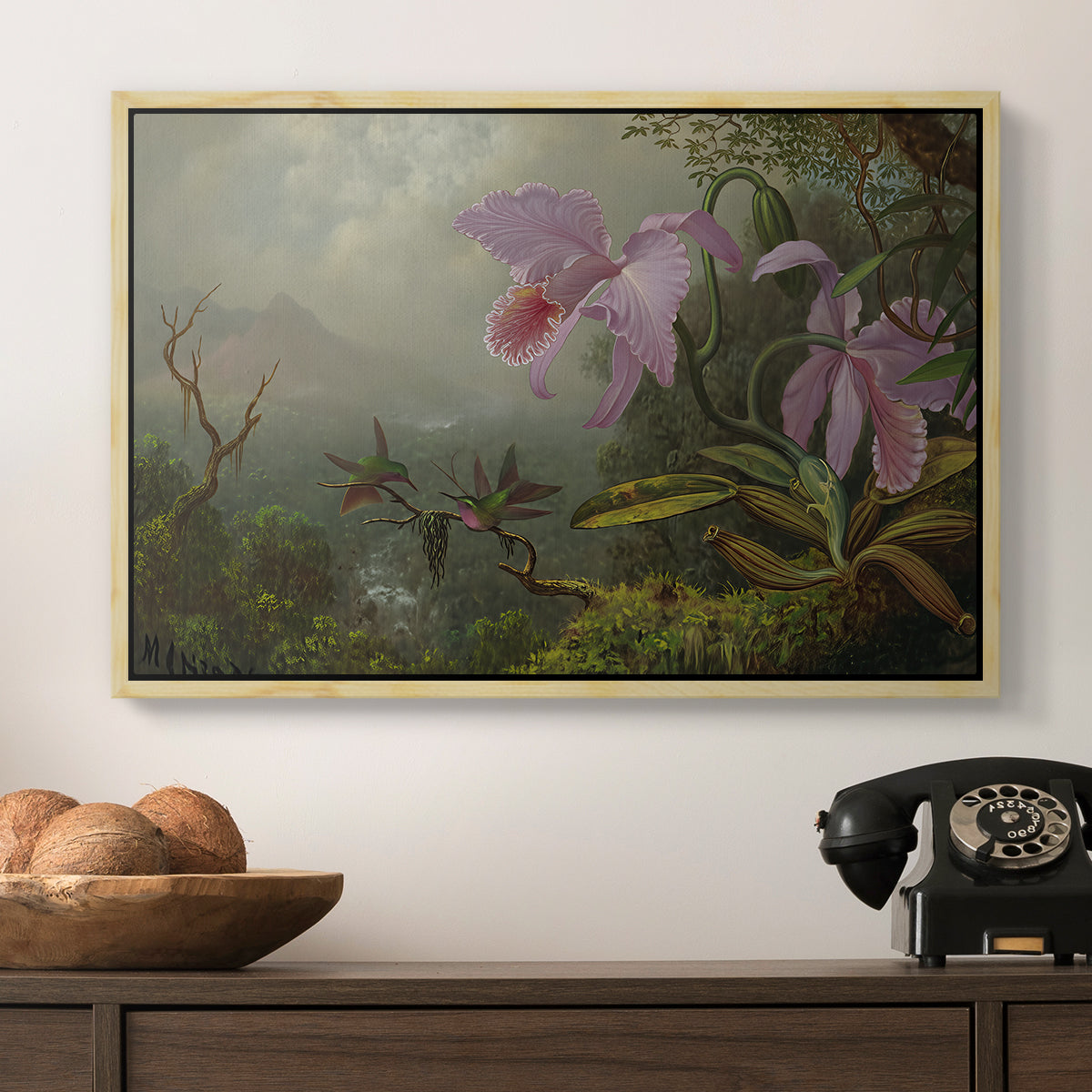 Two Sun Angel Hummingbirds on a Branch, c. 1890-1904 - Floater Framed Canvas Print
