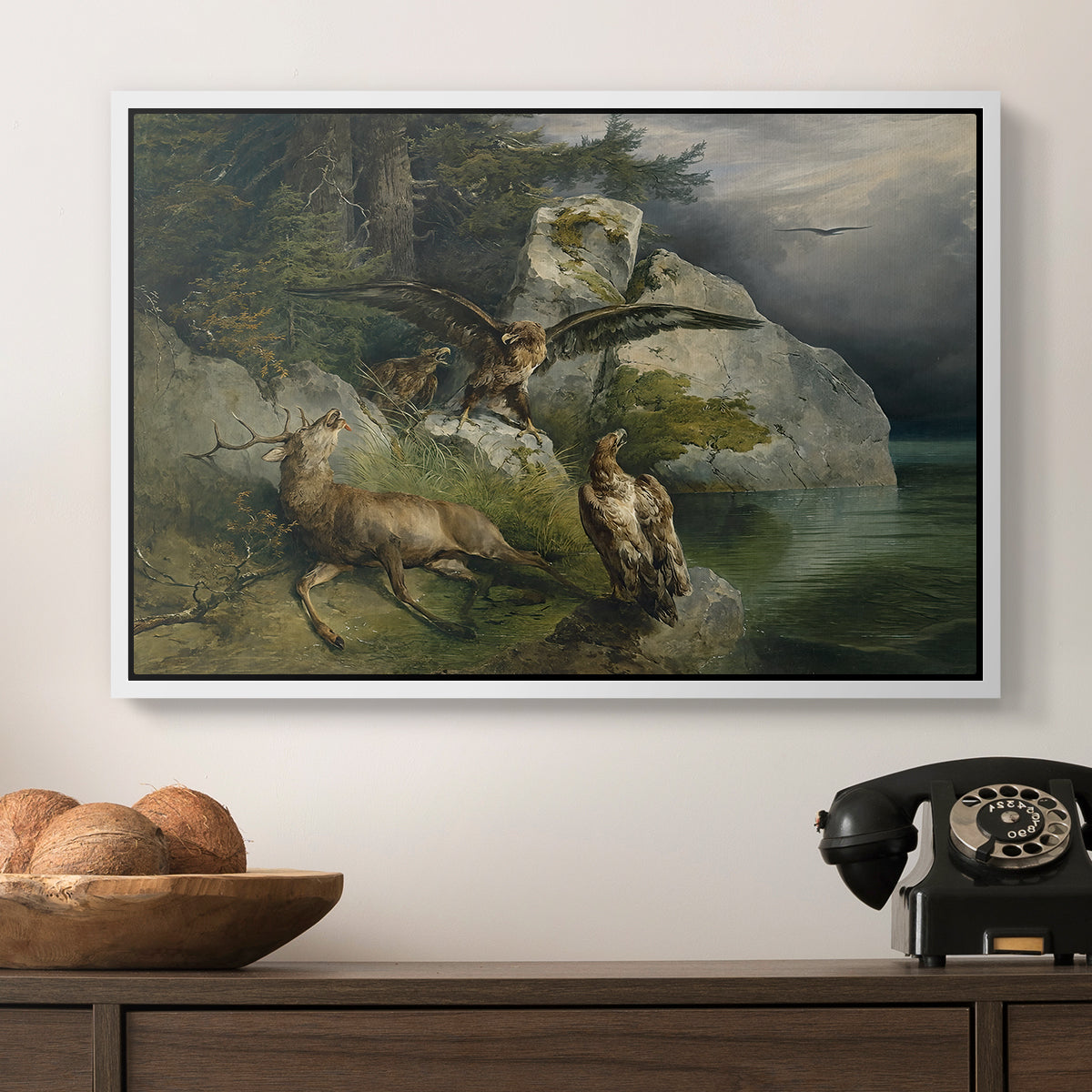 Eagles and Dying Stag on a Lakeshore, 1836 - Floater Framed Canvas Print