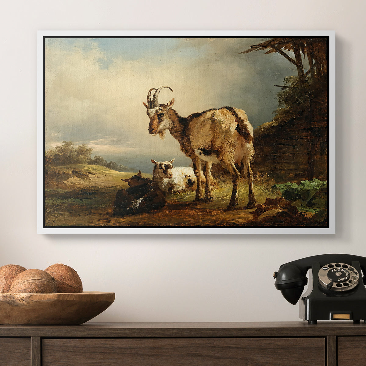 A Goat with Two Kids - Floater Framed Canvas Print
