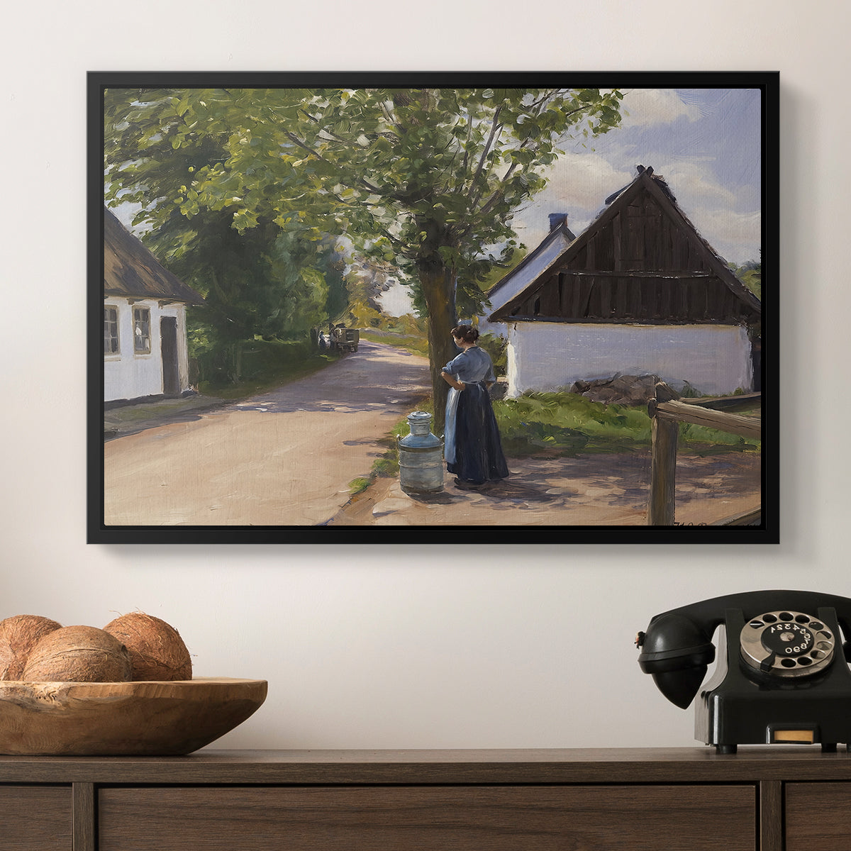 Danish Village Street with Woman and Milkman, 1880 - Floater Framed Canvas Print