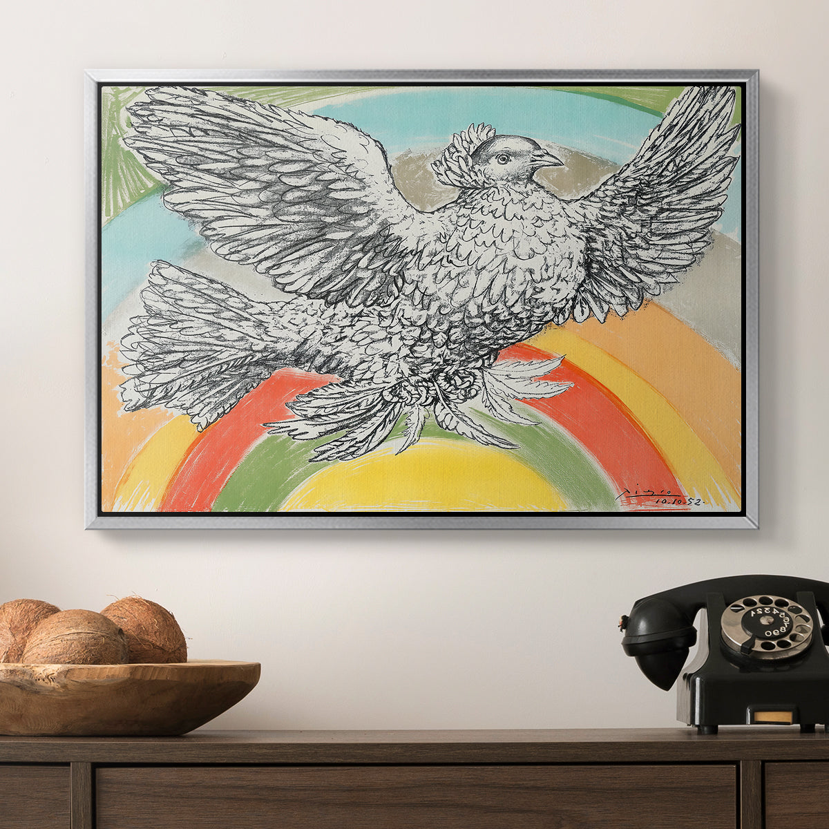 Flying Dove with Rainbow (Colombe volant à l'Arc-en-ciel), 1952 - Floater Framed Canvas Print