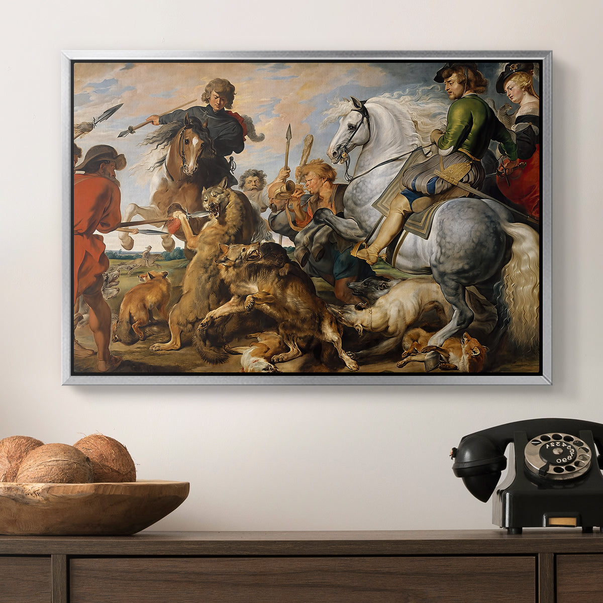 The Wolf and Fox Hunt, c. 1616 - Floater Framed Canvas Print