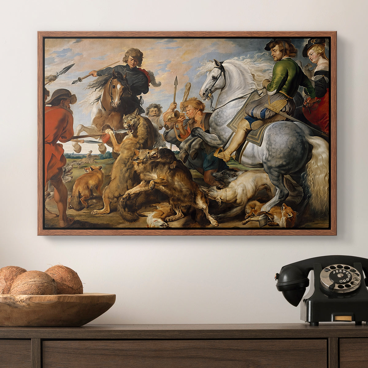 The Wolf and Fox Hunt, c. 1616 - Floater Framed Canvas Print
