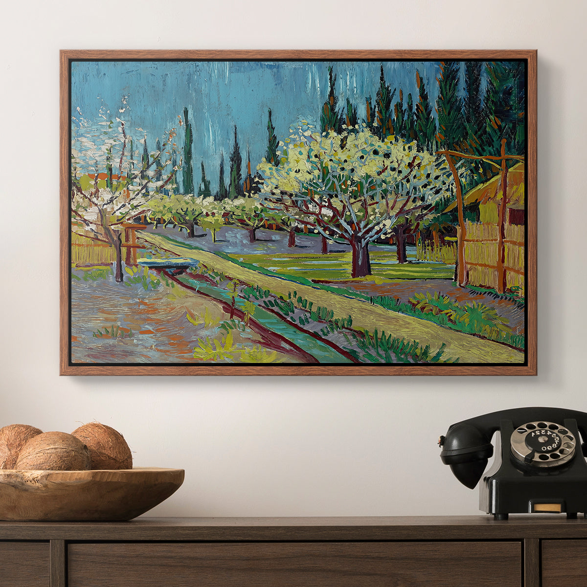 Orchard in Blossom, Bordered by Cypresses, 1888 - Floater Framed Canvas Print
