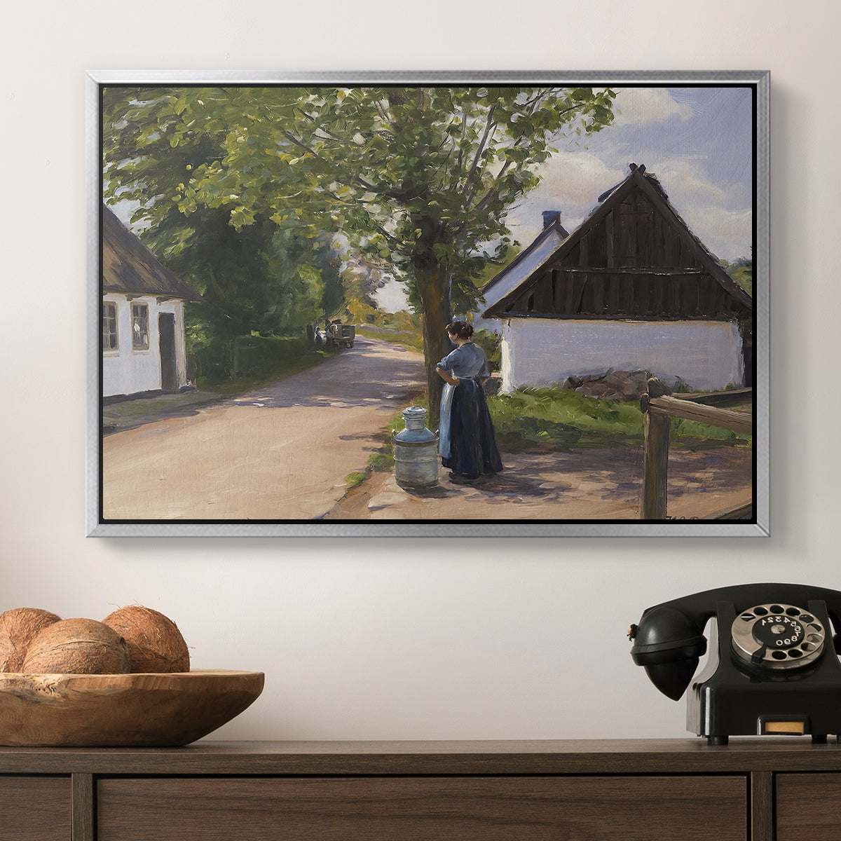 Danish Village Street with Woman and Milkman, 1880 - Floater Framed Canvas Print