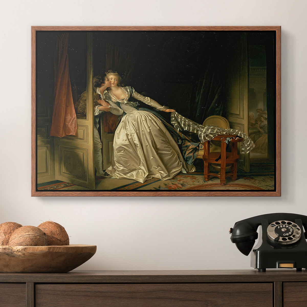 The Stolen Kiss (Le Baiser à la dérobée), c. 1788 - Floater Framed Canvas Print