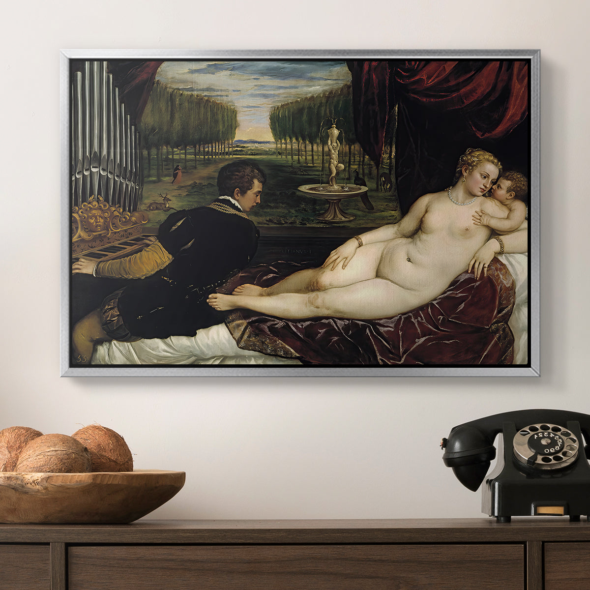 Venus with an Organist and Cupid, c. 1555 - Floater Framed Canvas Print