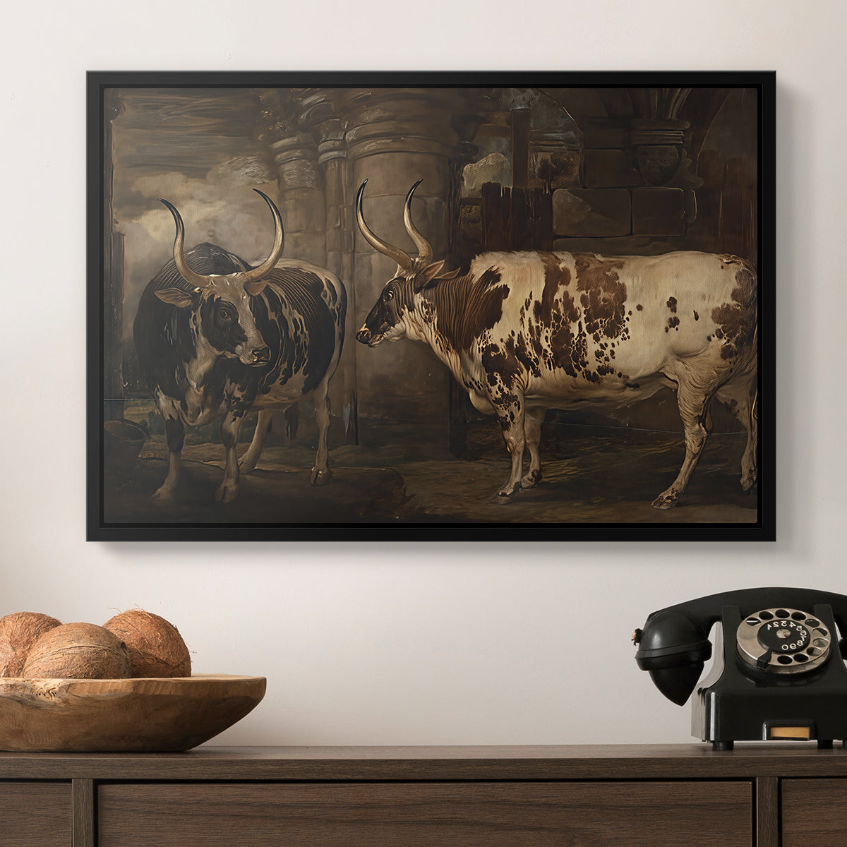 Portraits of Two Extraordinary Oxen, Property of the Earl of Powis, 1814 - Floater Framed Canvas Print