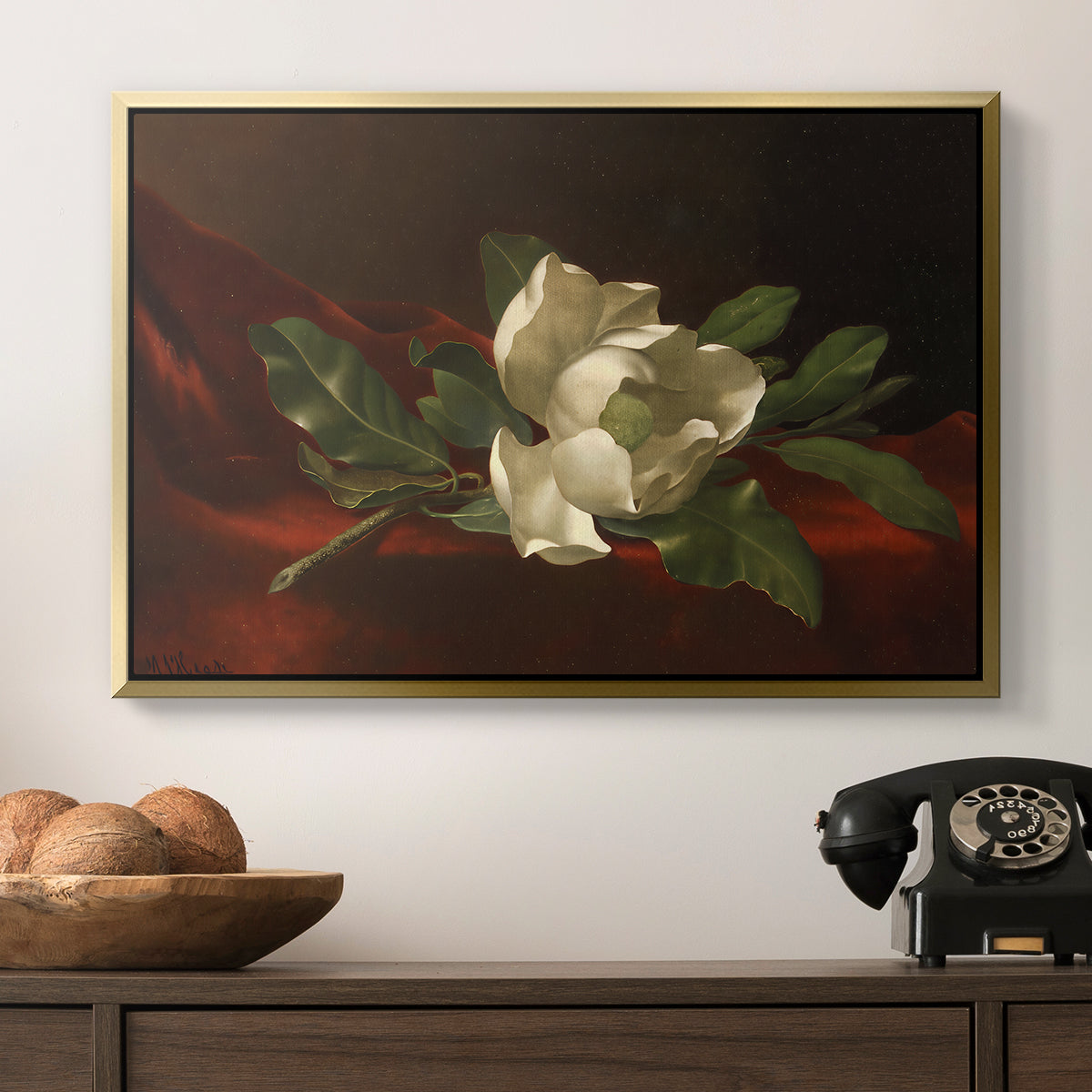 Magnolia on Red Velvet, c. 1885-1890 - Floater Framed Canvas Print