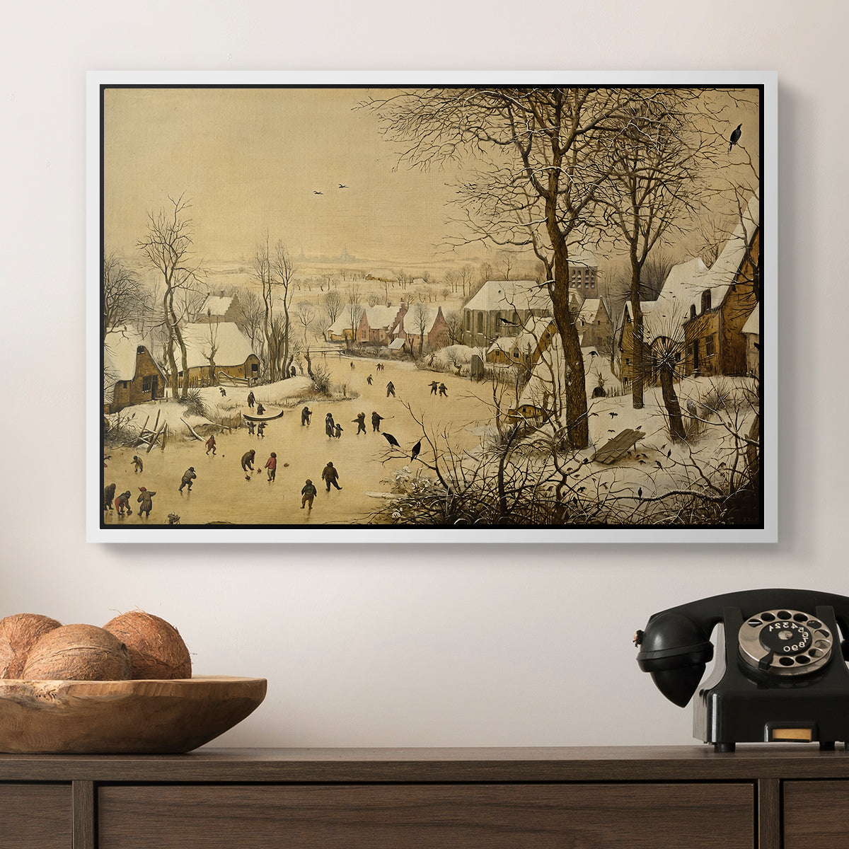 Winter Landscape with Skaters and Bird Trap, 1565 - Floater Framed Canvas Print