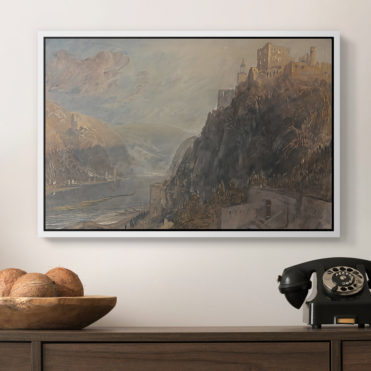 Rheinfels Looking to Katz and Gourhausen, 1817 - Floater Framed Canvas Print