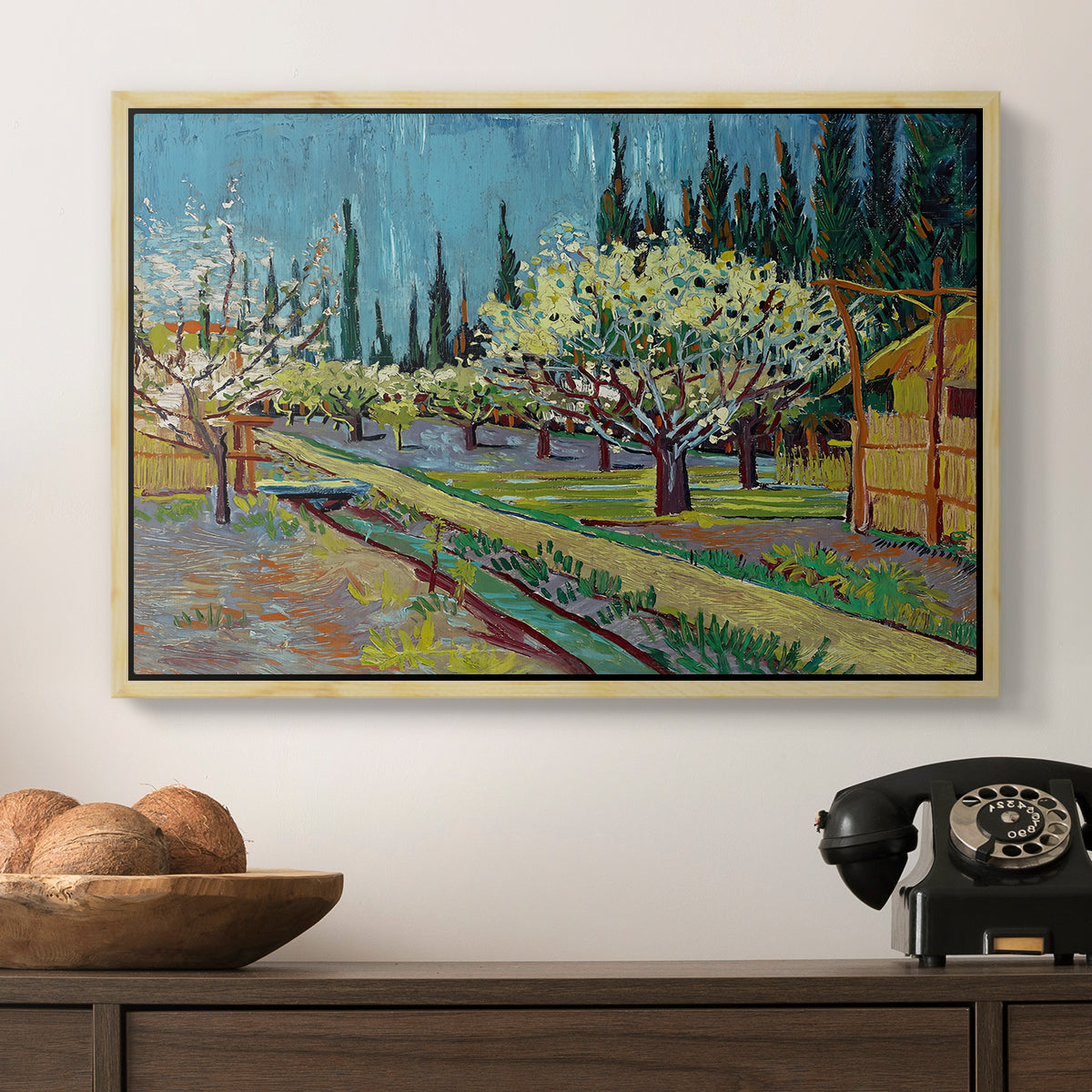 Orchard in Blossom, Bordered by Cypresses, 1888 - Floater Framed Canvas Print