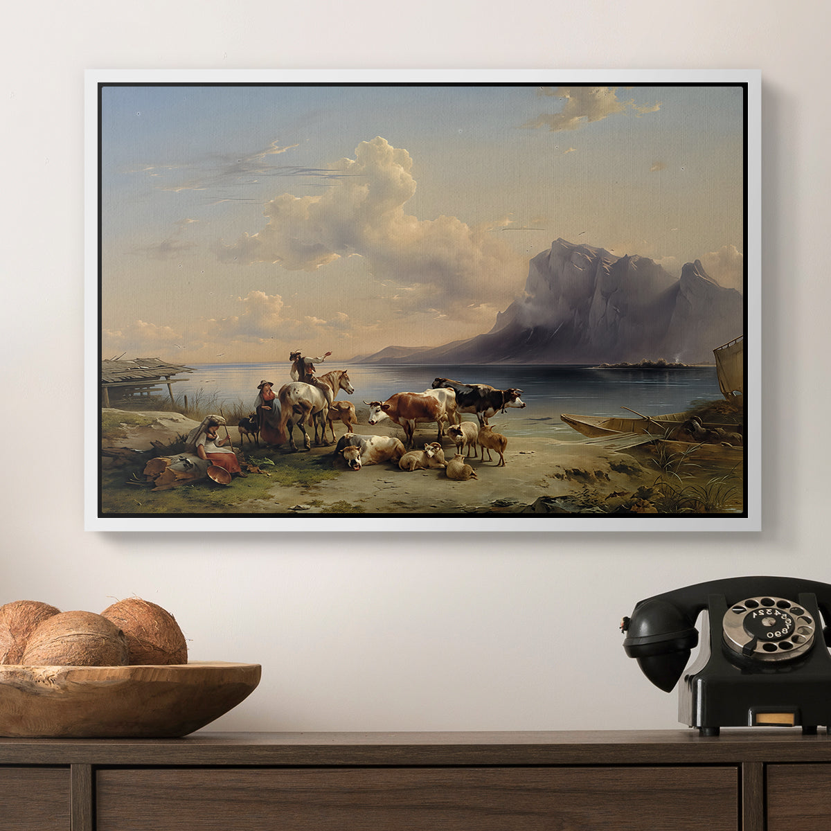Shepherds and Cattle on Lake Attersee, 1852 - Floater Framed Canvas Print