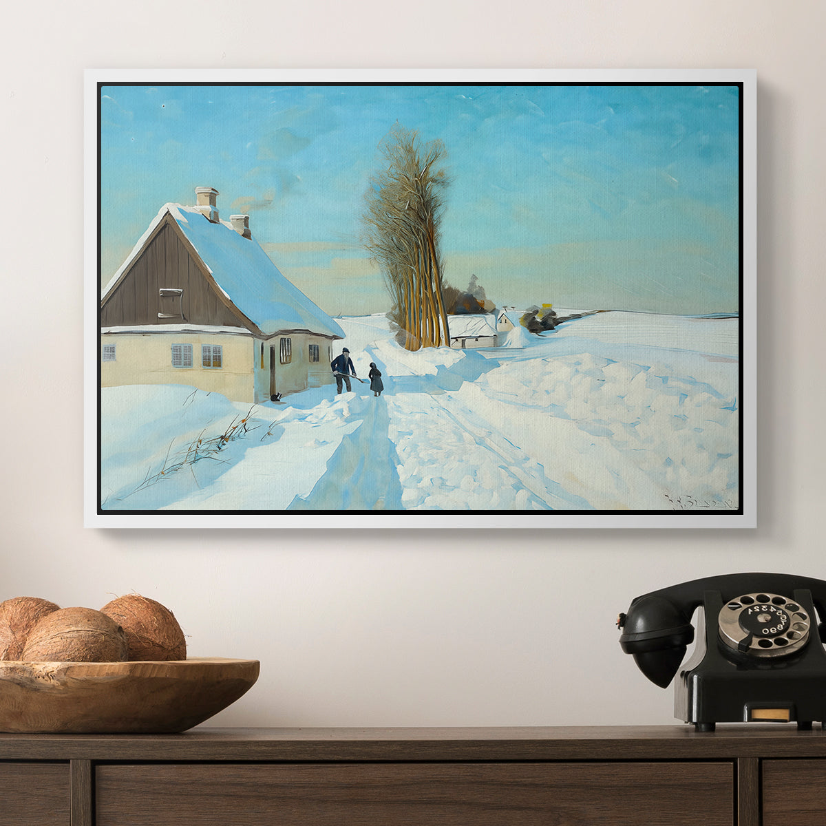 Shoveling Snow on a Beautiful Winter Day, c. 1898 - Floater Framed Canvas Print
