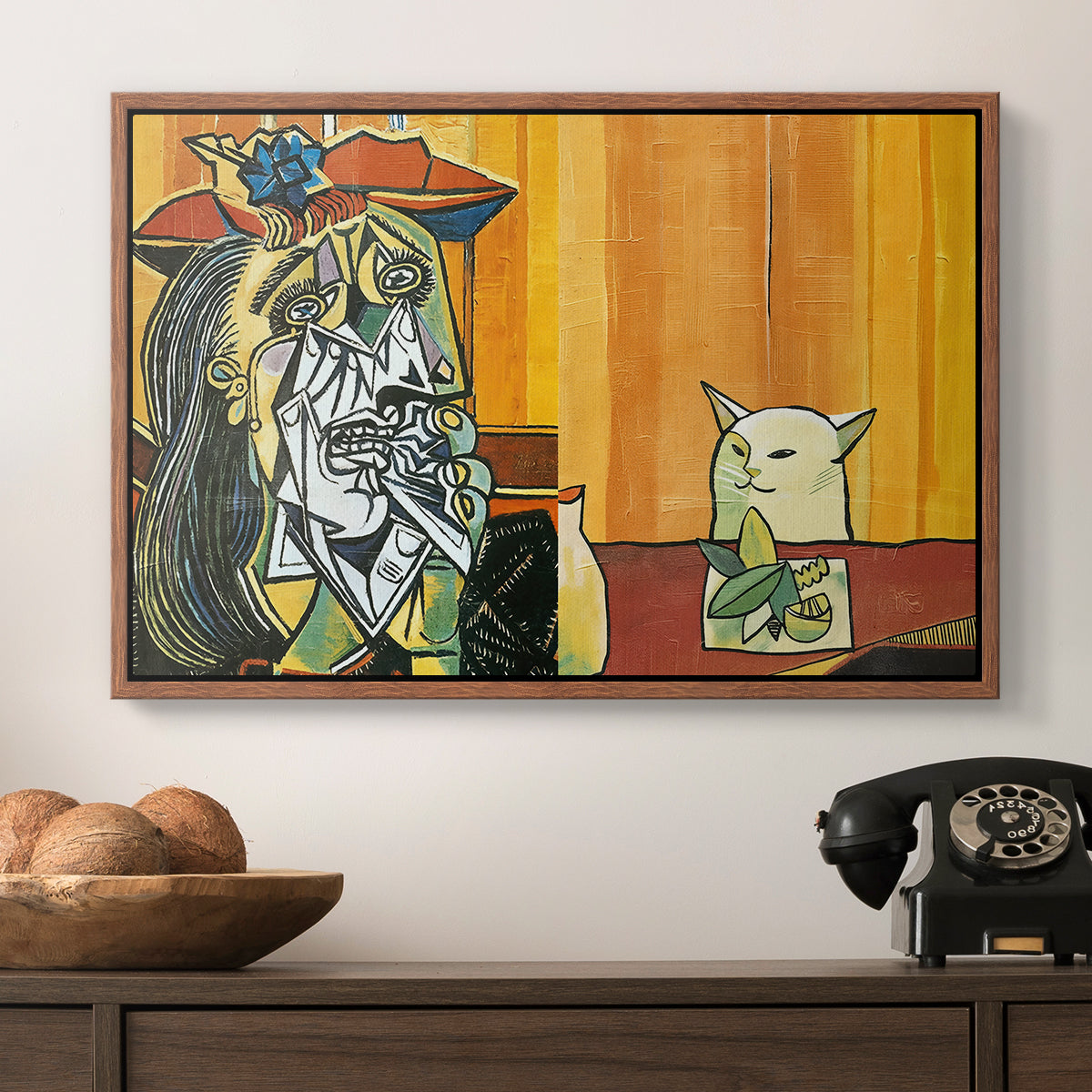 Woman Yelling at a Cat Meme (Picasso Parody) - Floater Framed Canvas Print