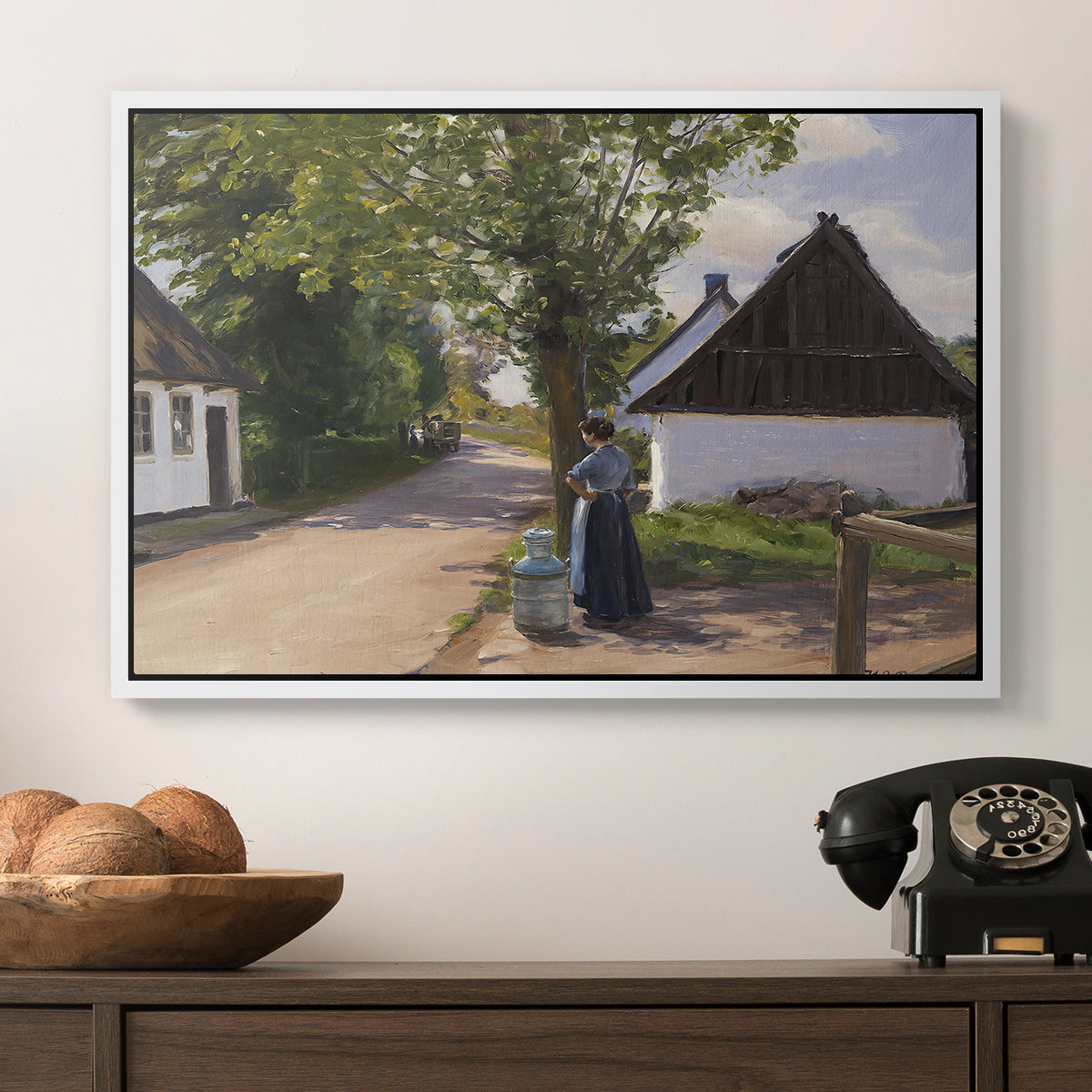 Danish Village Street with Woman and Milkman, 1880 - Floater Framed Canvas Print