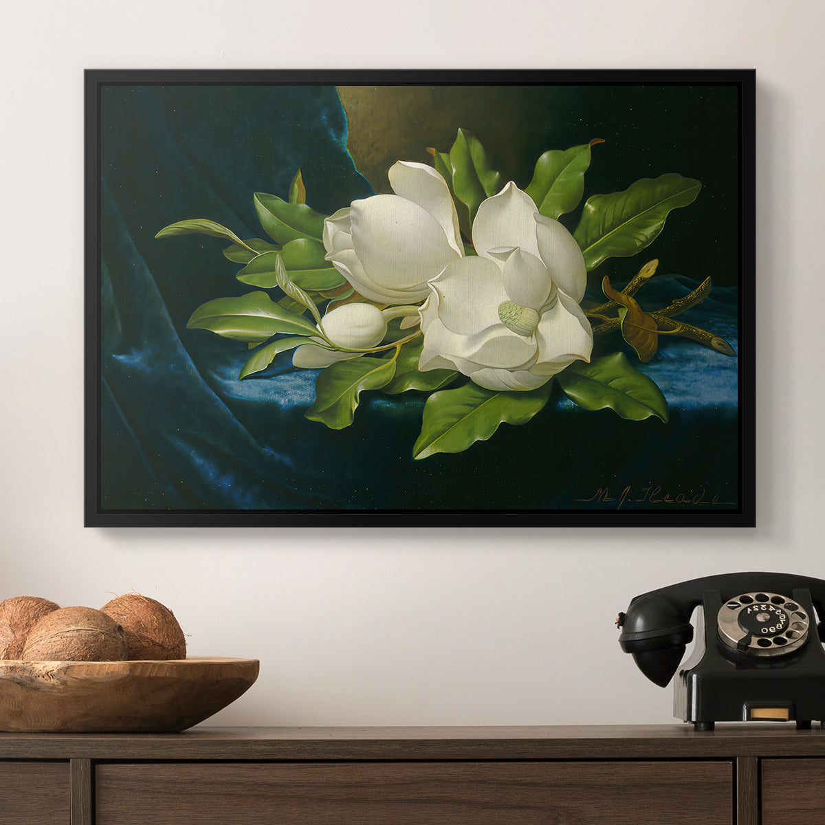 Giant Magnolias on a Blue Velvet Cloth, c. 1890 - Floater Framed Canvas Print