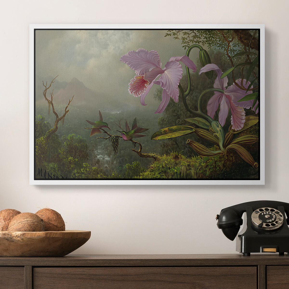 Two Sun Angel Hummingbirds on a Branch, c. 1890-1904 - Floater Framed Canvas Print