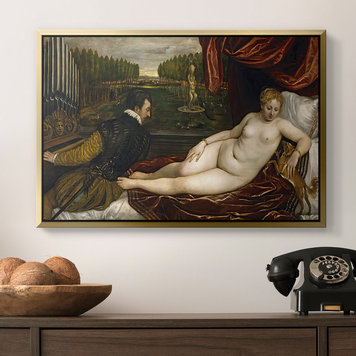 Venus with an Organist and a Dog, c. 1550 - Floater Framed Canvas Print