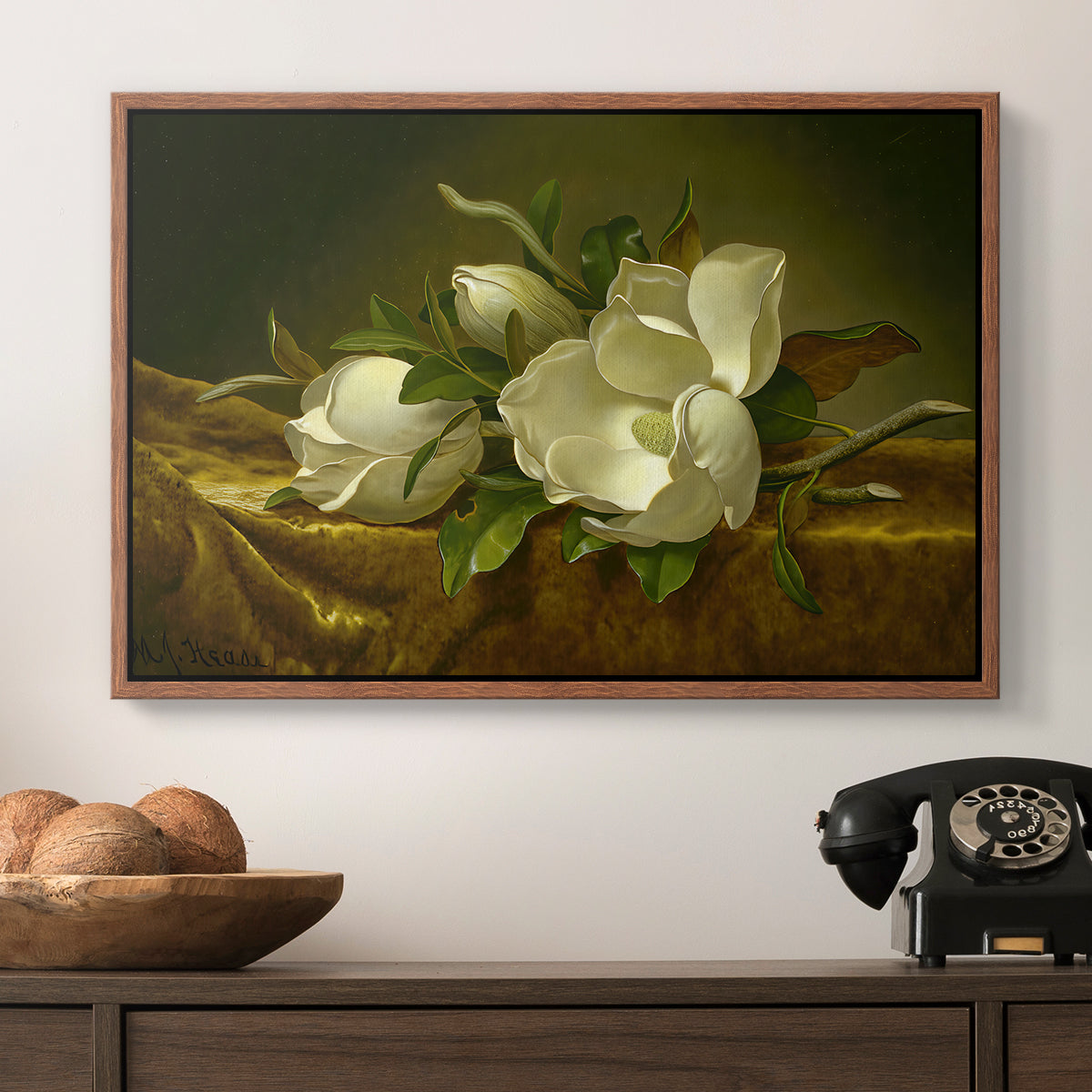 Magnolias on Gold Velvet Cloth, c. 1888-1890 - Floater Framed Canvas Print