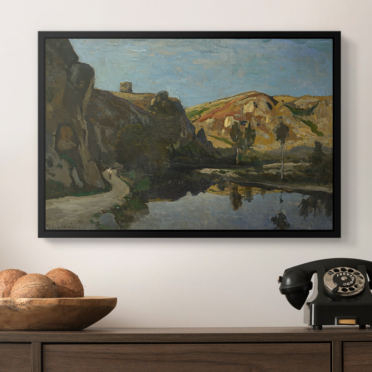 River Landscape with Cliffs, c. 1850-1860 - Floater Framed Canvas Print