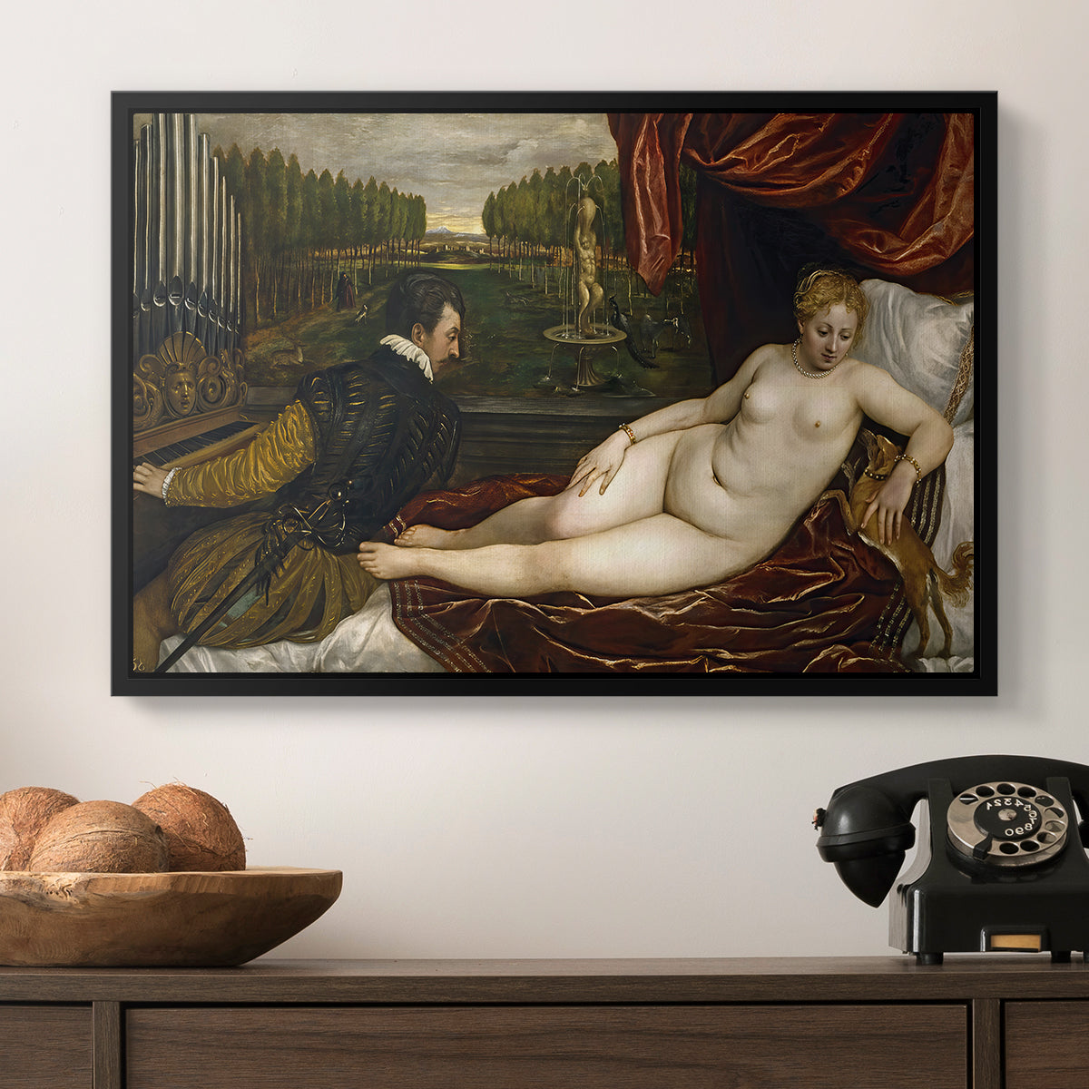 Venus with an Organist and a Dog, c. 1550 - Floater Framed Canvas Print