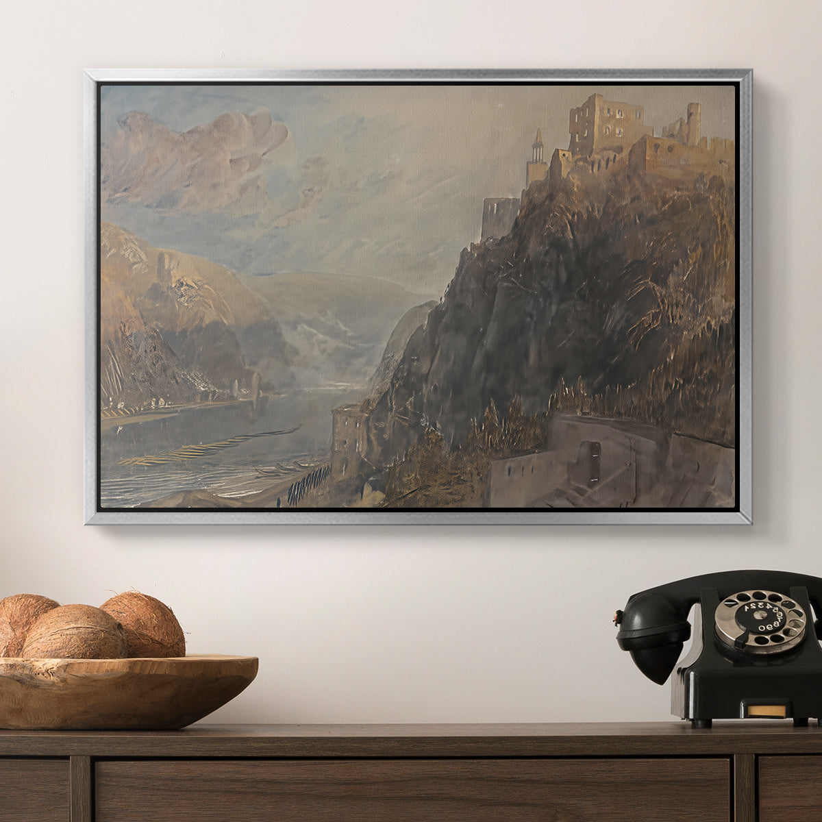 Rheinfels Looking to Katz and Gourhausen, 1817 - Floater Framed Canvas Print