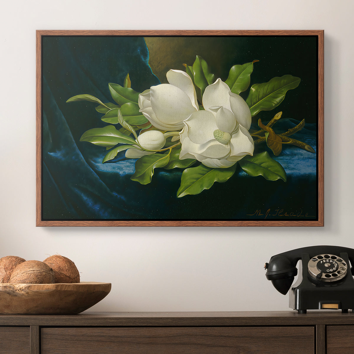 Giant Magnolias on a Blue Velvet Cloth, c. 1890 - Floater Framed Canvas Print