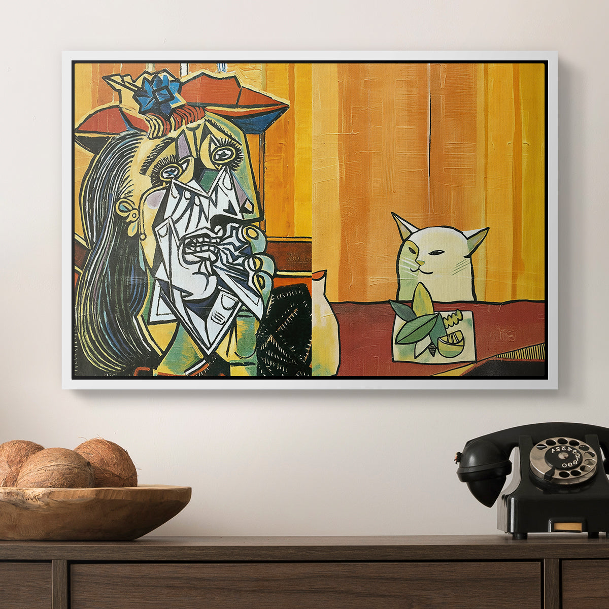 Woman Yelling at a Cat Meme (Picasso Parody) - Floater Framed Canvas Print