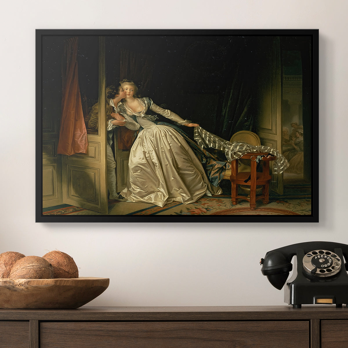 The Stolen Kiss (Le Baiser à la dérobée), c. 1788 - Floater Framed Canvas Print