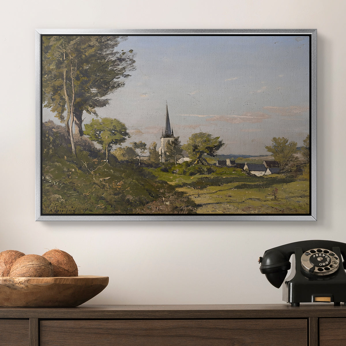 Village Landscape with Church, 1891 - Floater Framed Canvas Print