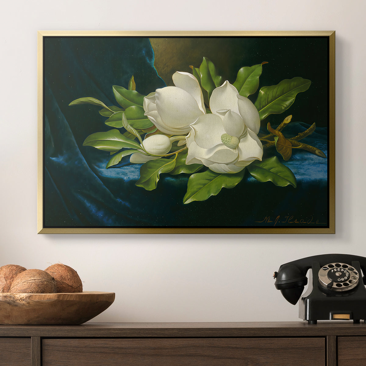 Giant Magnolias on a Blue Velvet Cloth, c. 1890 - Floater Framed Canvas Print