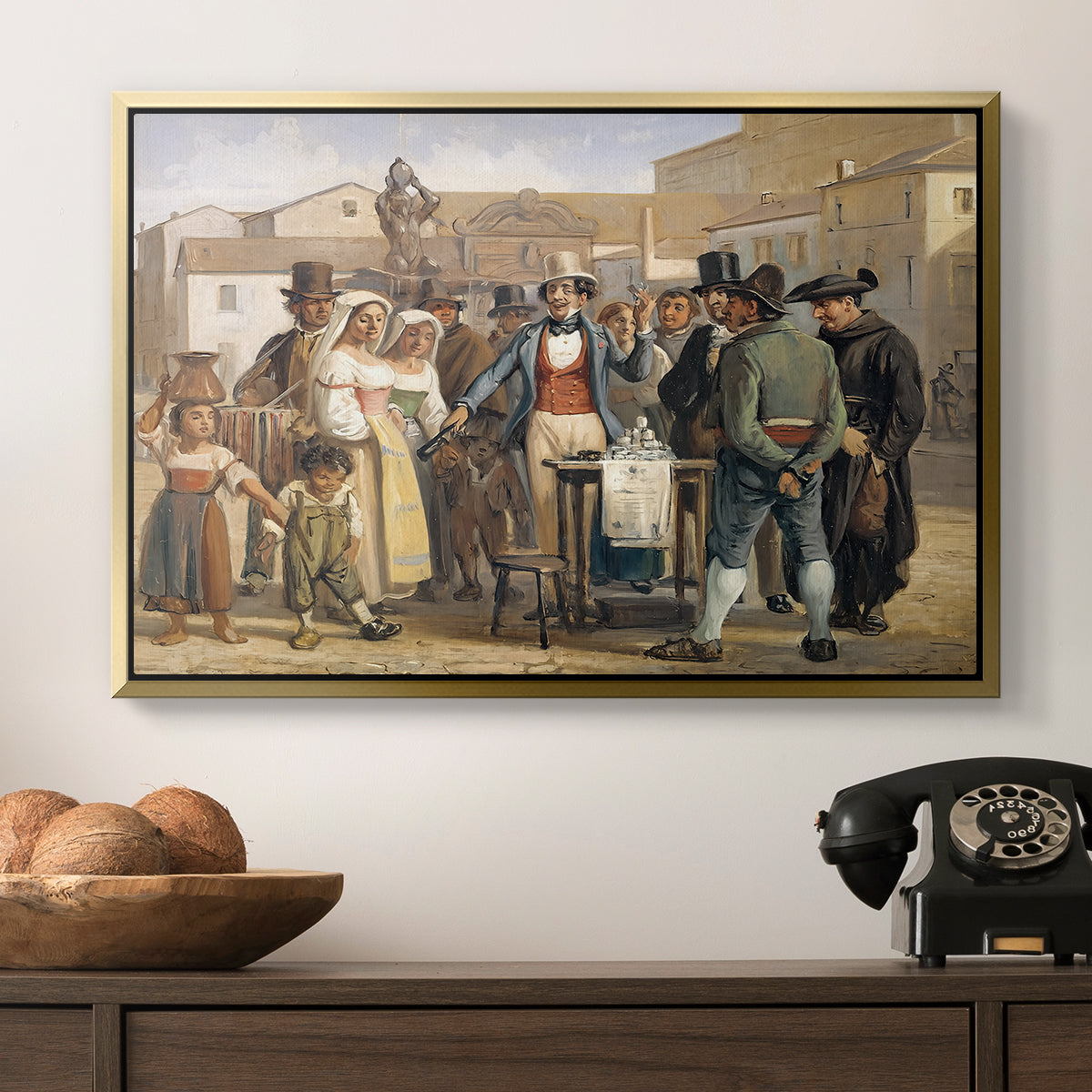 A Charlatan Selling Blacking in the Piazza Barberini in Rome, c. 1840-1849 - Floater Framed Canvas Print