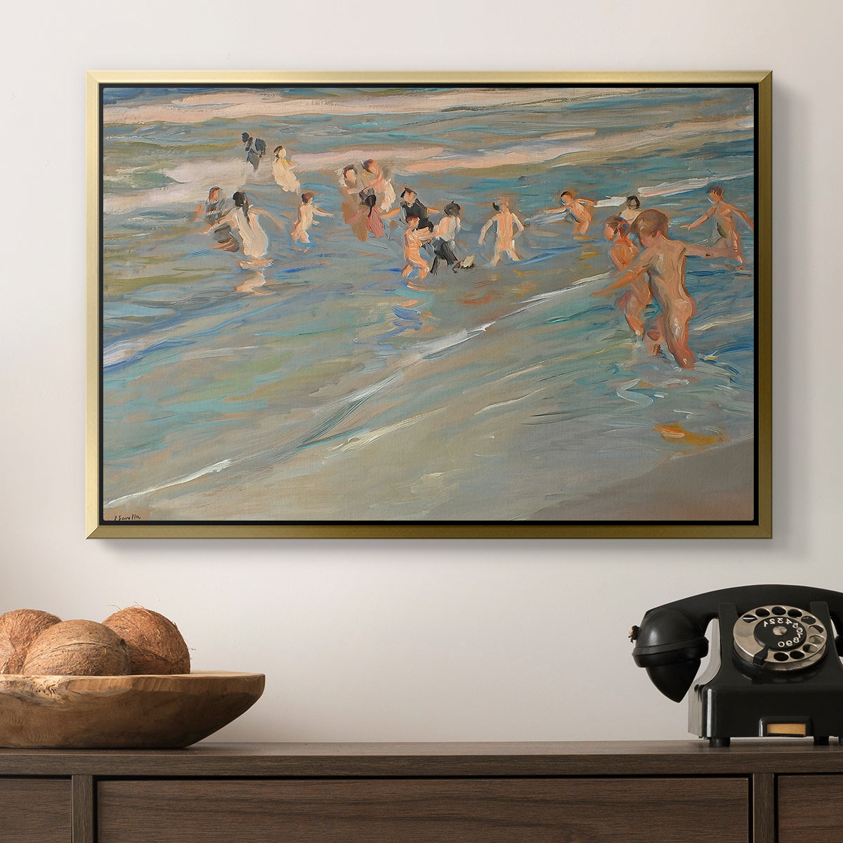 Children Playing on the Beach in Valencia, c. 1908 - Floater Framed Canvas Print