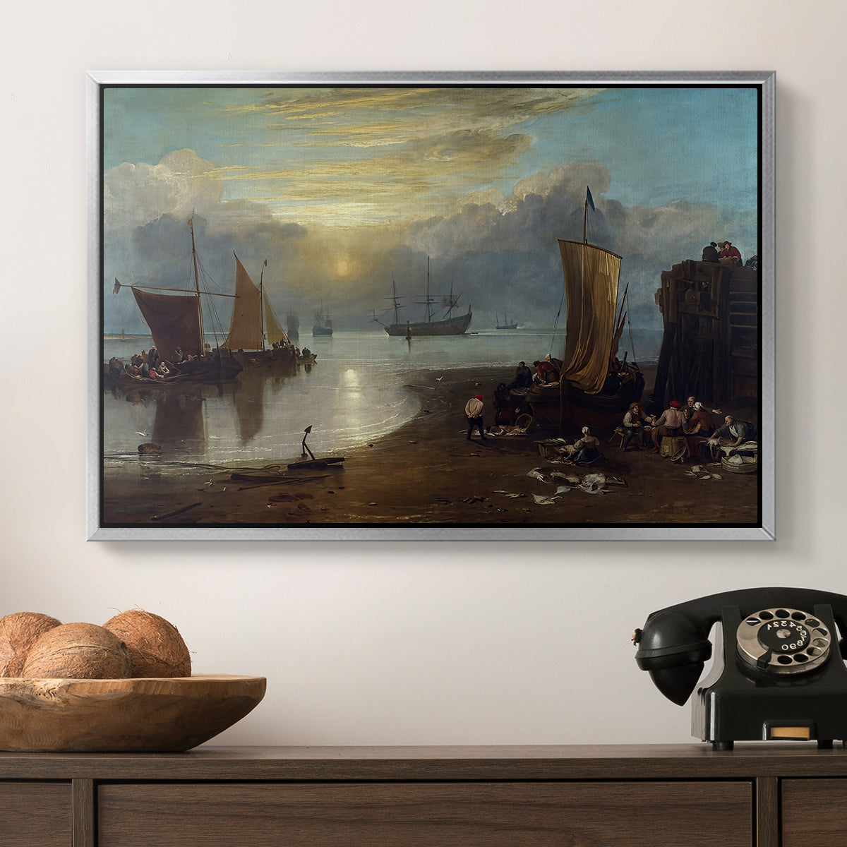 Sun Rising through Vapour: Fishermen Cleaning and Selling Fish, c. 1807 - Floater Framed Canvas Print
