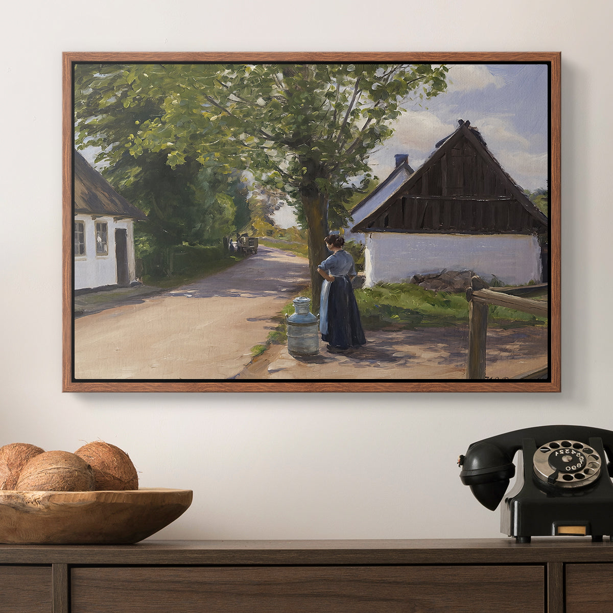 Danish Village Street with Woman and Milkman, 1880 - Floater Framed Canvas Print
