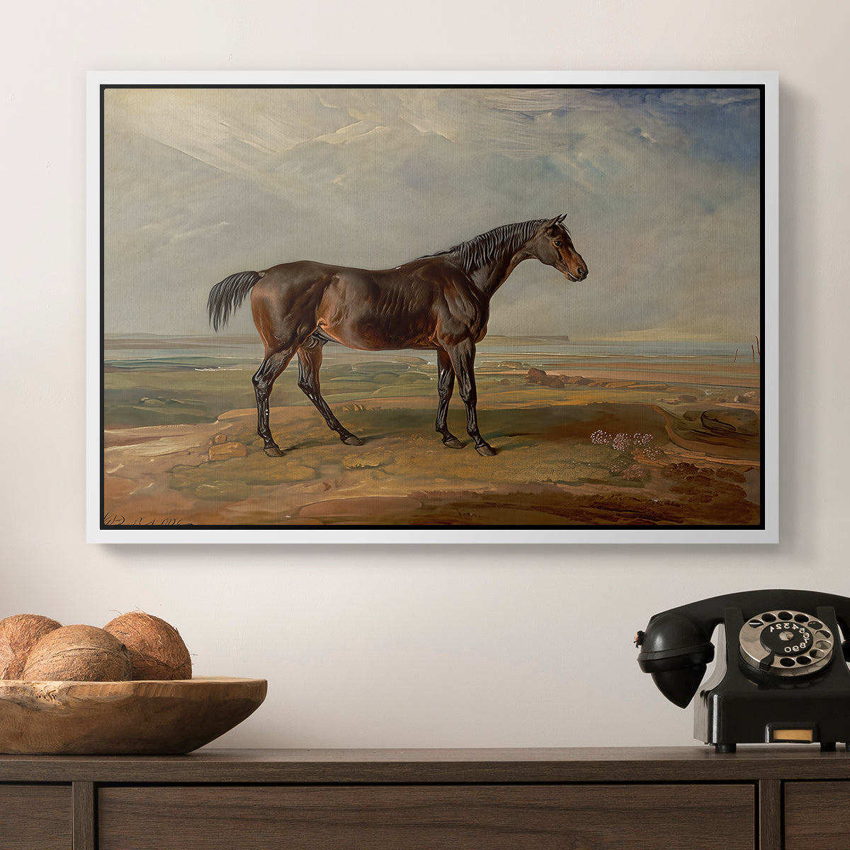 Dr. Syntax, a Bay Racehorse, Standing in a Coastal Landscape, an Estuary Beyond, c. 1820 - Floater Framed Canvas Print