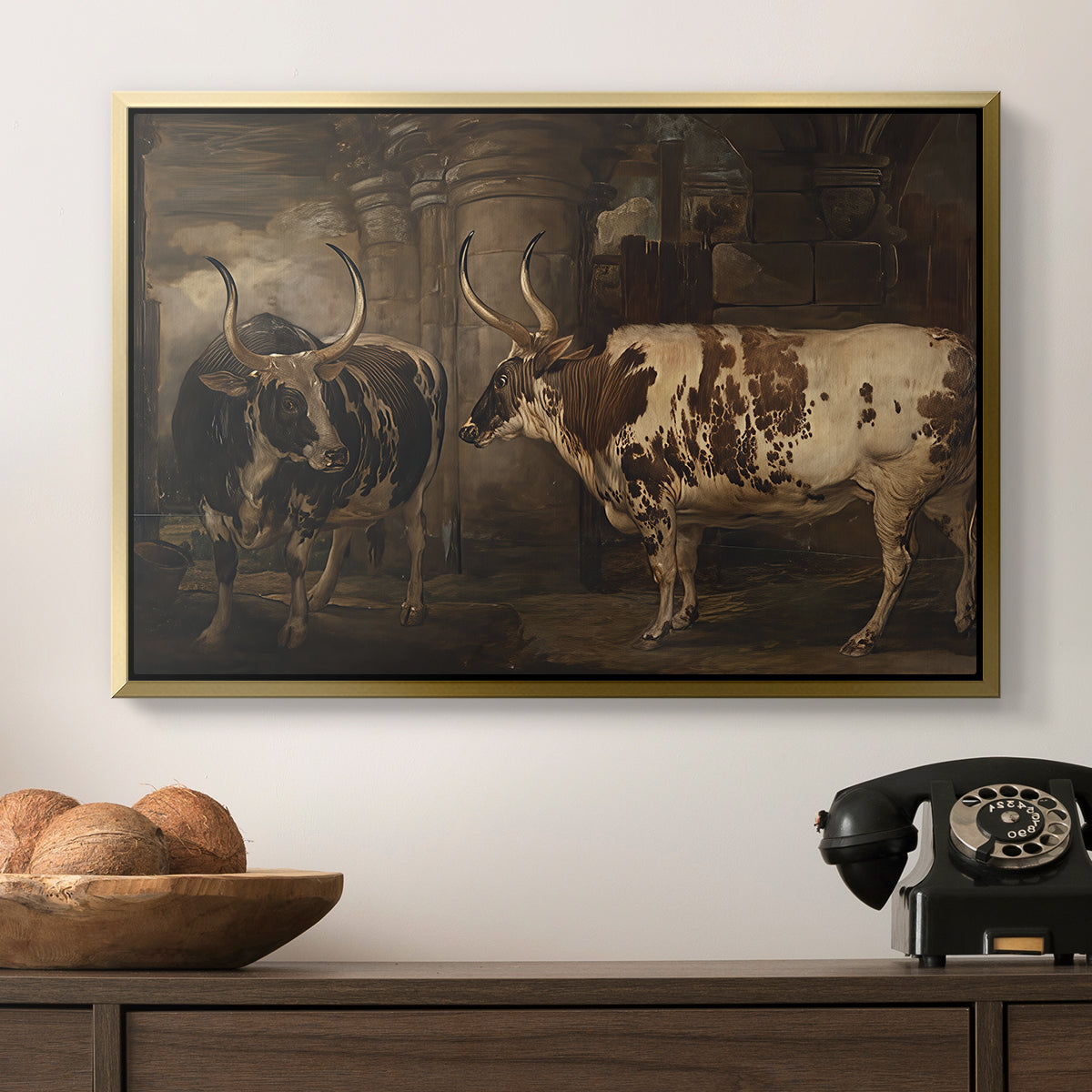 Portraits of Two Extraordinary Oxen, Property of the Earl of Powis, 1814 - Floater Framed Canvas Print