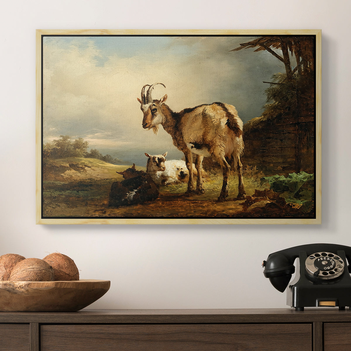 A Goat with Two Kids - Floater Framed Canvas Print