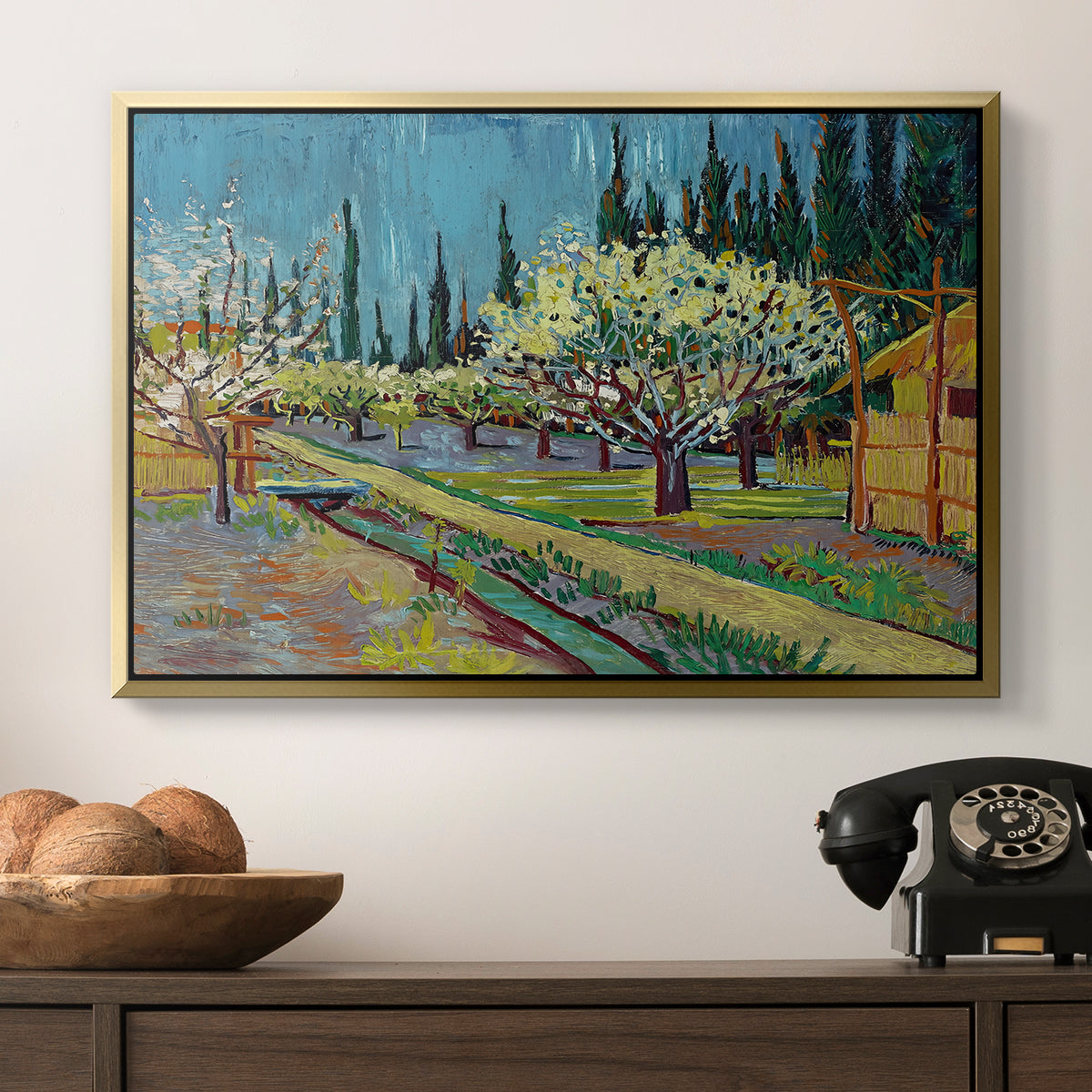 Orchard in Blossom, Bordered by Cypresses, 1888 - Floater Framed Canvas Print