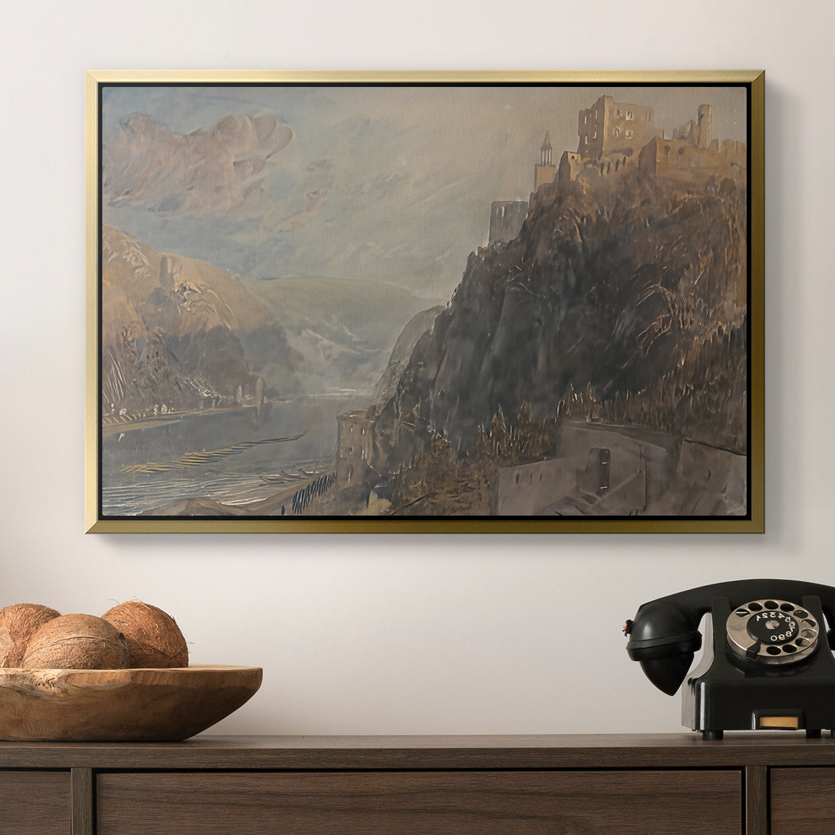 Rheinfels Looking to Katz and Gourhausen, 1817 - Floater Framed Canvas Print