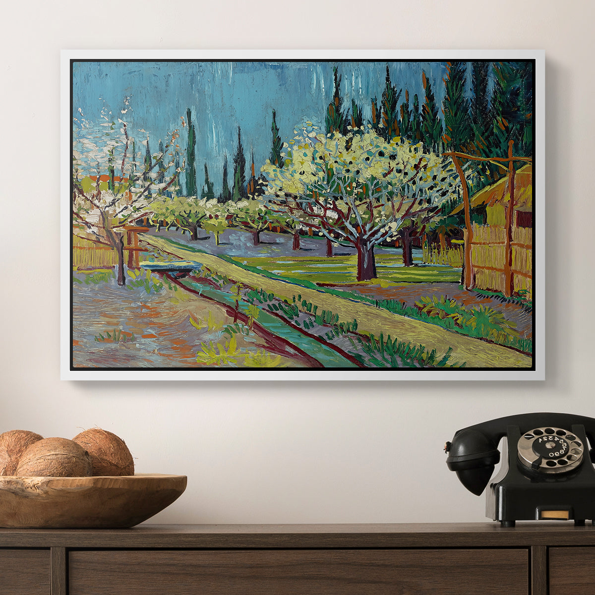 Orchard in Blossom, Bordered by Cypresses, 1888 - Floater Framed Canvas Print