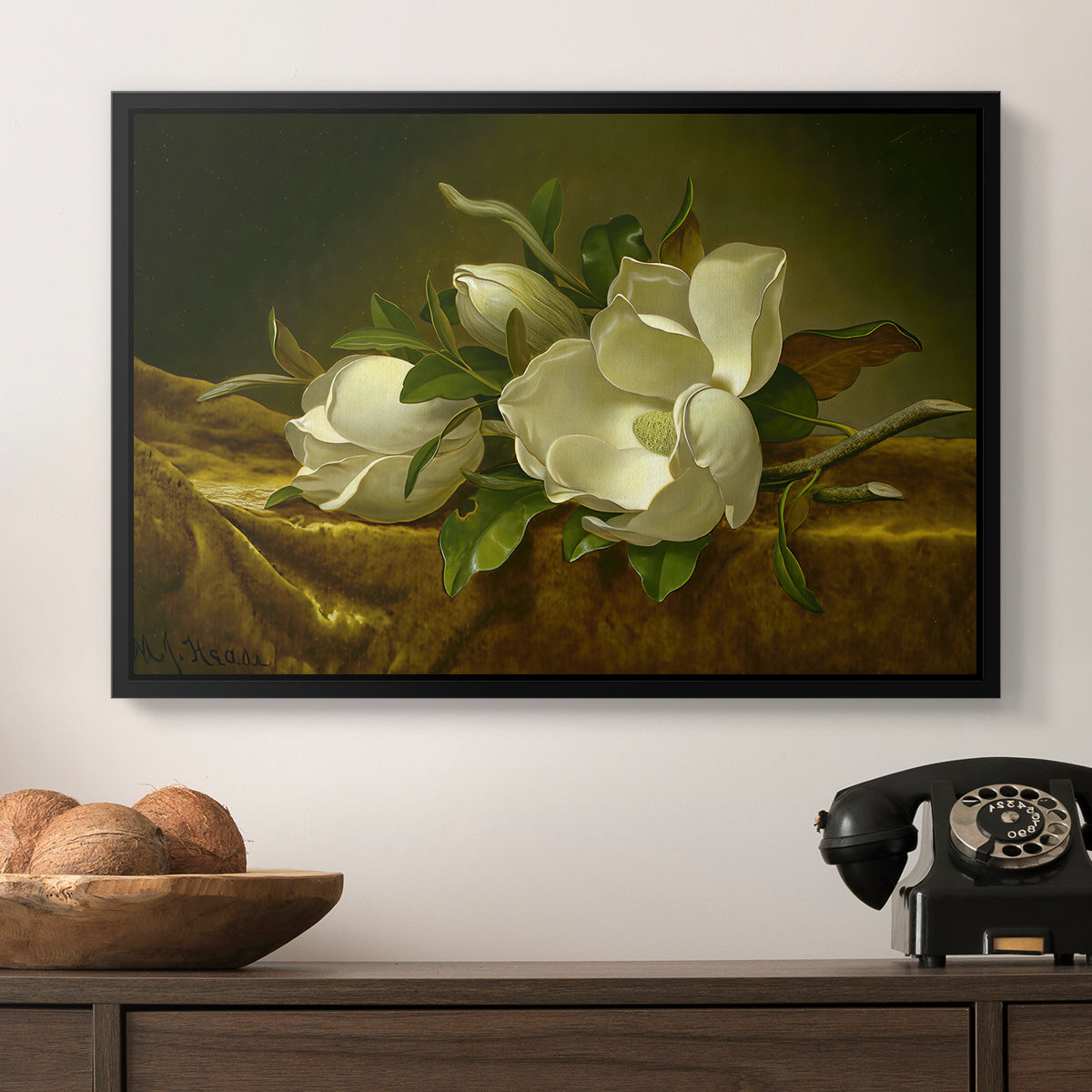 Magnolias on Gold Velvet Cloth, c. 1888-1890 - Floater Framed Canvas Print