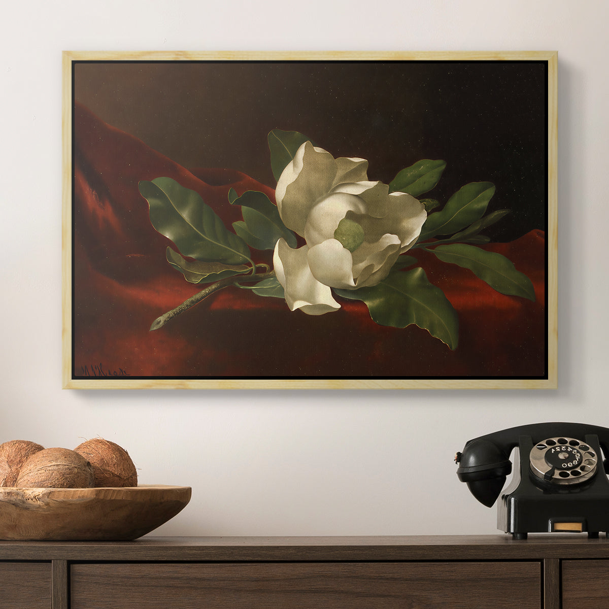 Magnolia on Red Velvet, c. 1885-1890 - Floater Framed Canvas Print