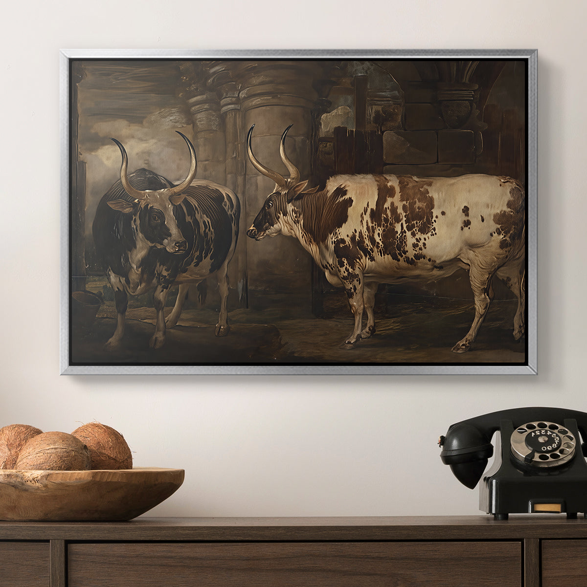 Portraits of Two Extraordinary Oxen, Property of the Earl of Powis, 1814 - Floater Framed Canvas Print