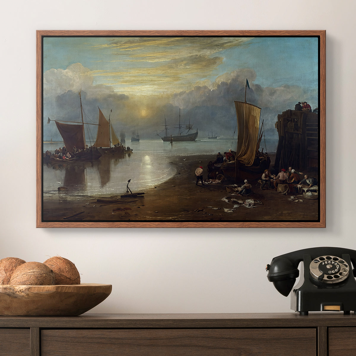 Sun Rising through Vapour: Fishermen Cleaning and Selling Fish, c. 1807 - Floater Framed Canvas Print