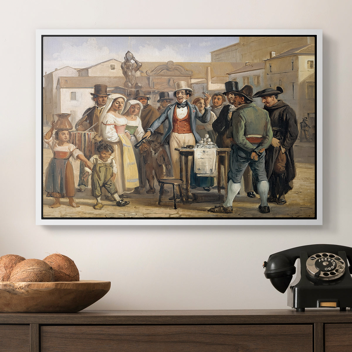 A Charlatan Selling Blacking in the Piazza Barberini in Rome, c. 1840-1849 - Floater Framed Canvas Print