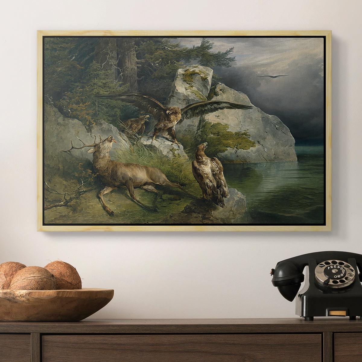 Eagles and Dying Stag on a Lakeshore, 1836 - Floater Framed Canvas Print