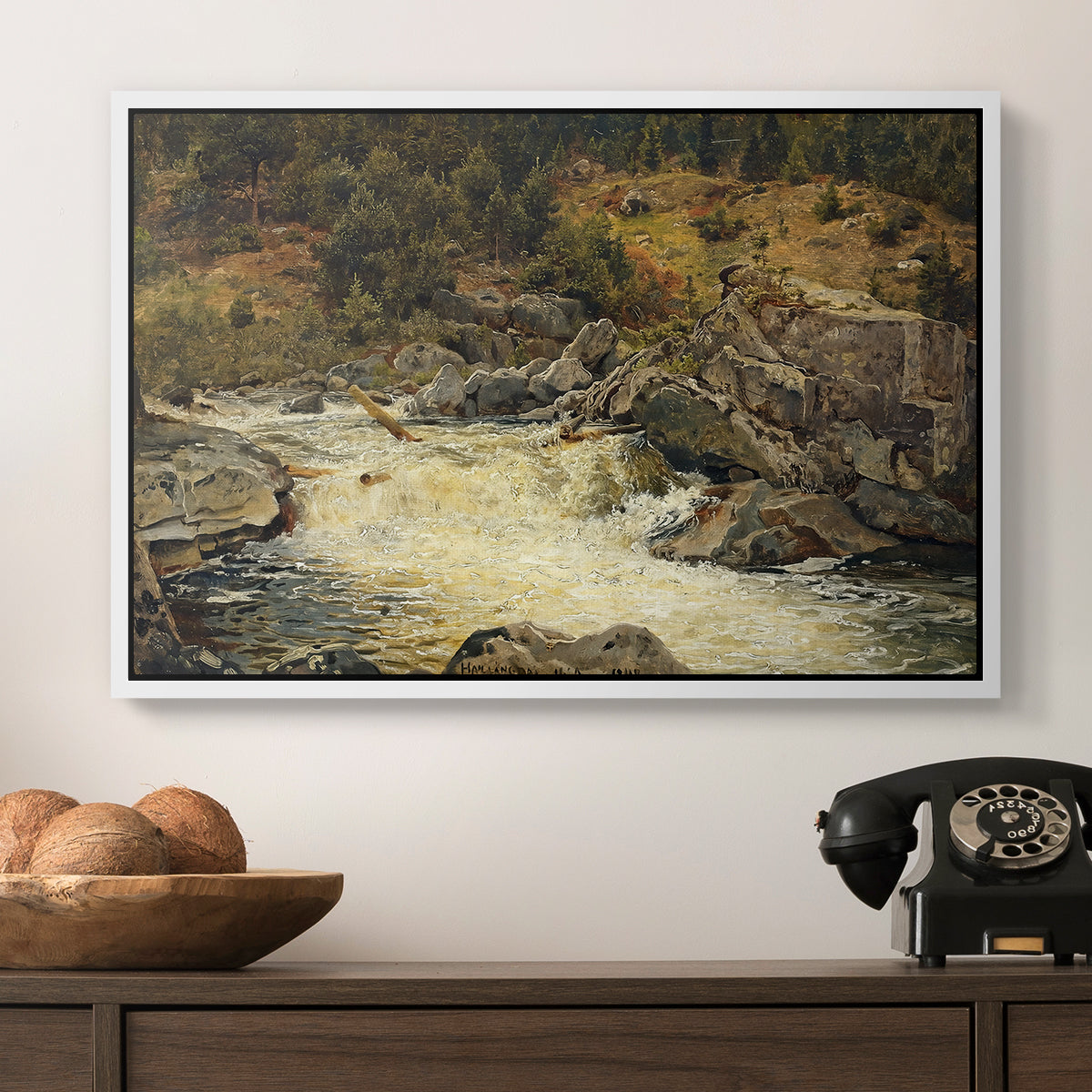 Waterfall in Hallingdal, 1848 - Floater Framed Canvas Print
